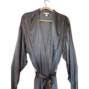 Alfani Mens Gray Geometric Diamond Grid 100% Silk Long Robe Sleepwear One Size